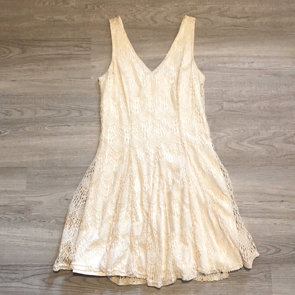 Cream lace dress.